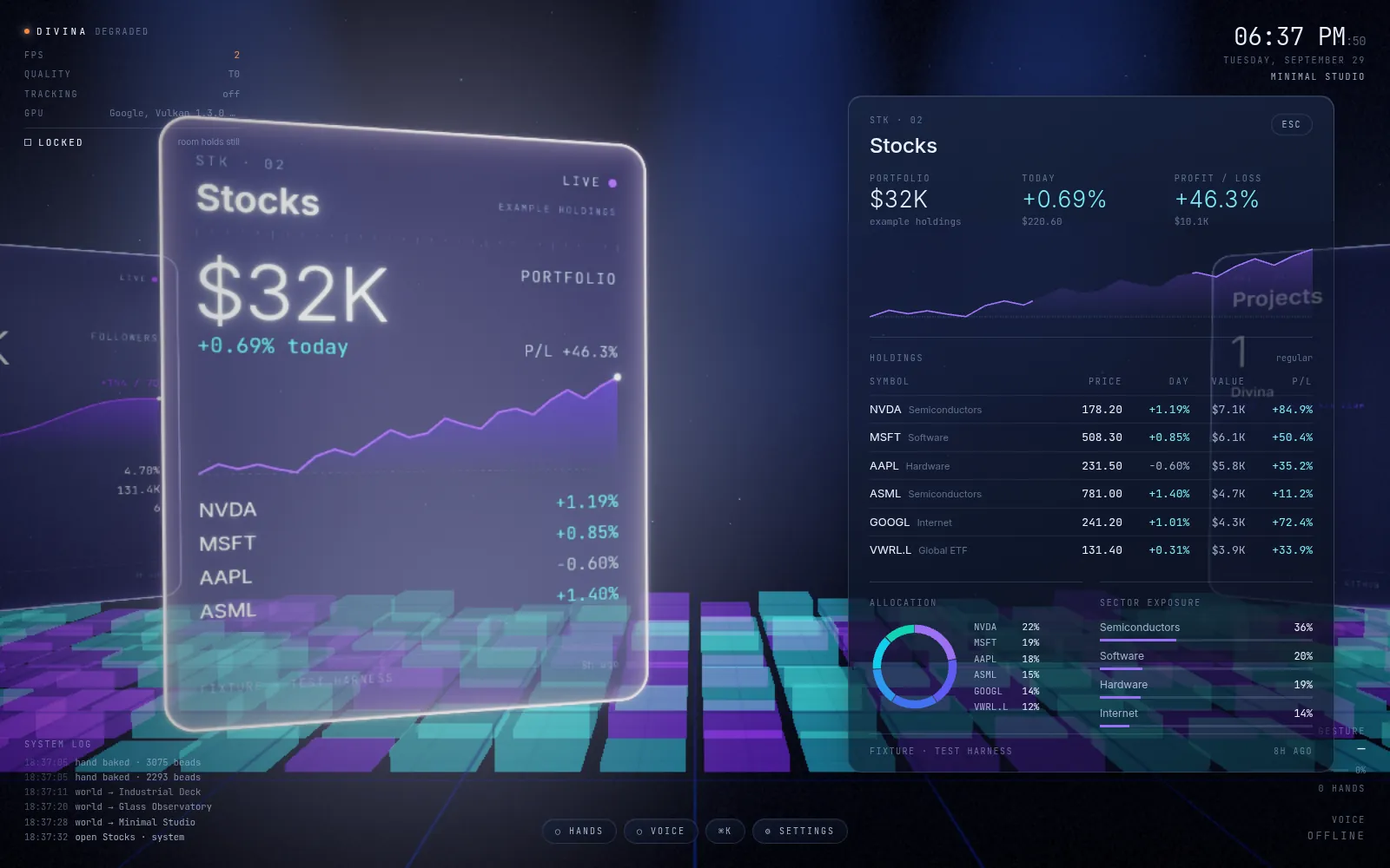 Divina: glowing glass cards for Instagram, Stocks and System arranged in a ring in a dark room, with a minimal status display in each corner.