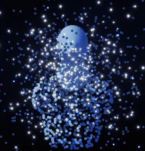 Particles flying out and landing to form a head and shoulders, crown first.
