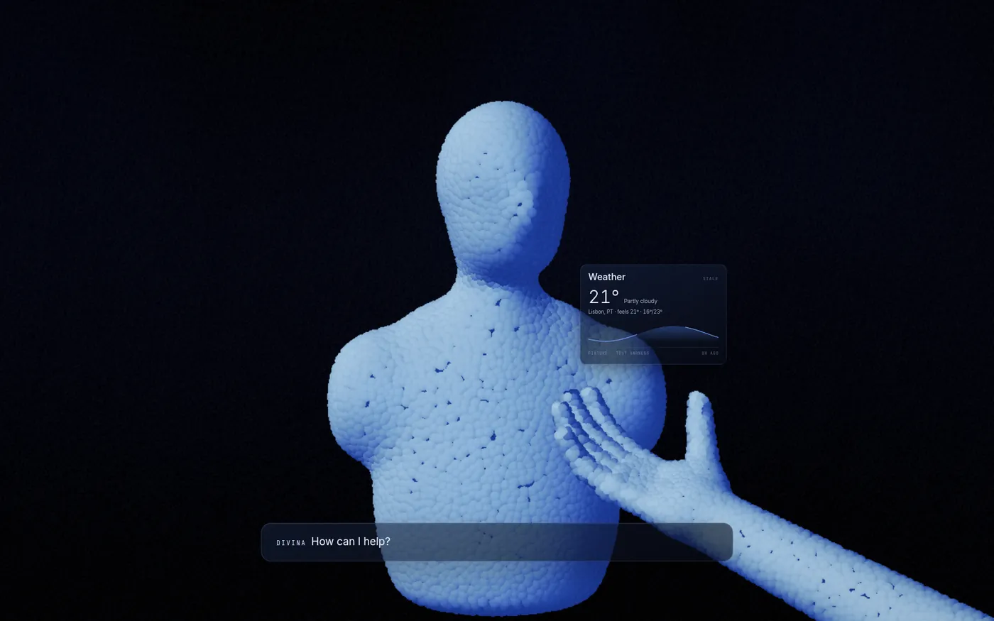 The figure raises an open hand, presenting a floating weather panel beside its head.